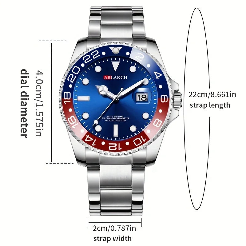 Stainless Steel Quartz Wristwatch 40mm with Date Magnifier, Red/Blue Bezel