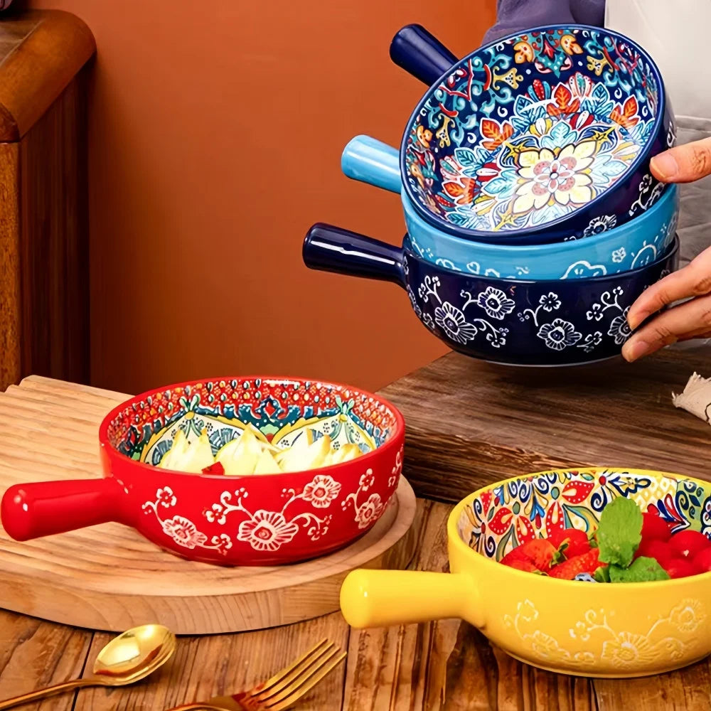 Bohemian Ceramic Hand-Painted Embossed Patterned Salad Bowl with Handle Kitchen Bakeware Microwave & Oven Safe 1 pc