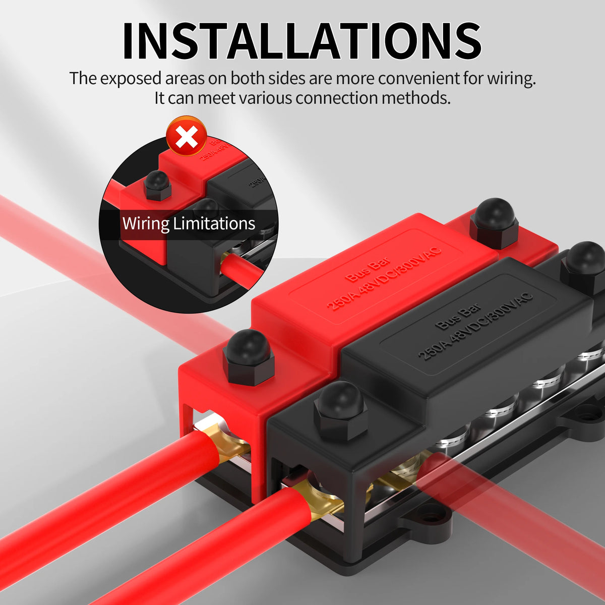 250A Dual Bus Bar 12V Dual Row Bus Bar Power Distribution Block 12 x 5/16" Terminal Studs Positive and Negative Battery Bus Bar