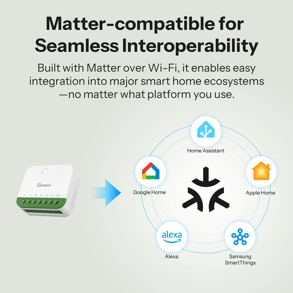 SONOFF MINI-2GS 2-Gang Matter WiFi Smart Switch, Dual Load Control, Detach Relay, Alexa/Apple Home