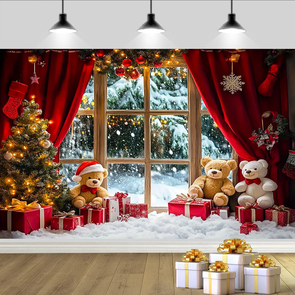 Festive Christmas and New Year photography background - winter snowy landscape with Christmas tree and teddy bear