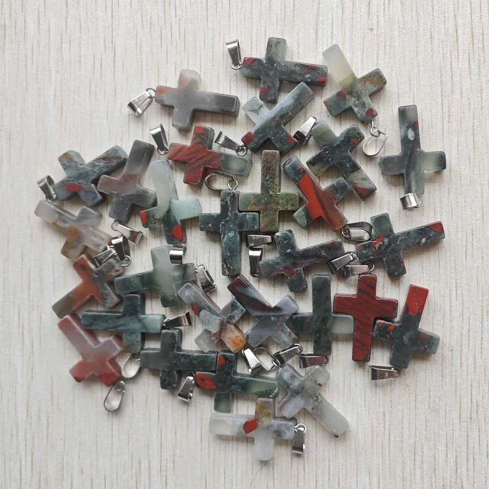 Wholesale 50pcs/lot  Fashion hot sell natural stone mixed color assort  cross pendants Charms fit Necklaces jewelry making