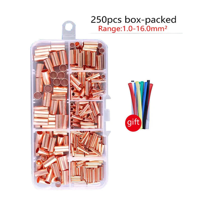 250pcs GT Copper Connecting Pipe Wire Joint Small Copper Tube Terminal Cable Lug Bootlace Ferrule Kit with Crimping Pliers