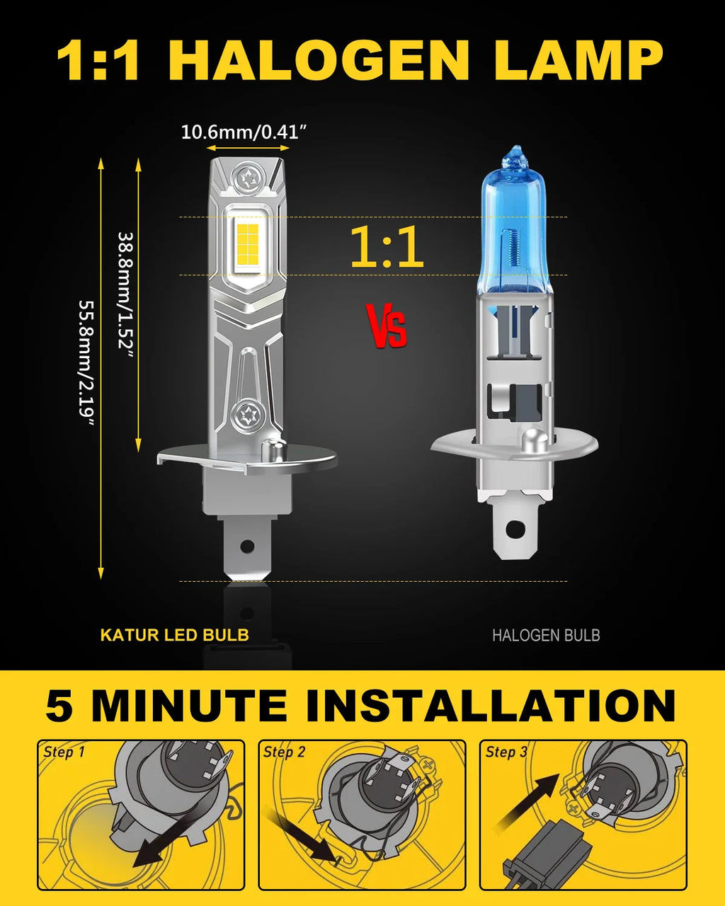 Katur 2Pcs H1 LED Bulbs Super Bright High Beam H1 Car LED Head Fog Lights Fanless 6000K White 12V Mini Size