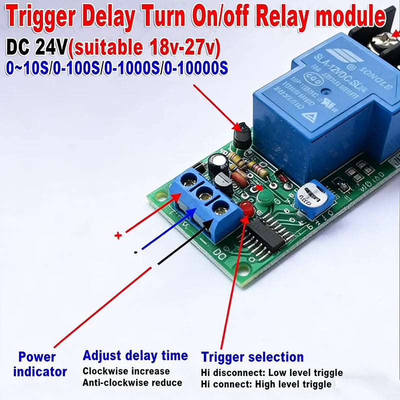 Time Delay Relay Module Timer Switch Adjustable Delay 30A DC 12V or 24V