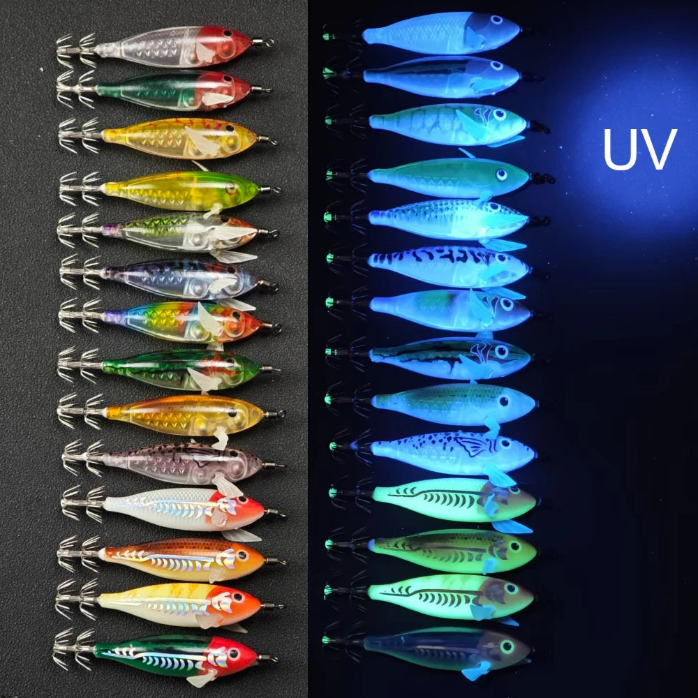 14pcs/box Horizontal Egi Lure Glow Horizontal Squid Jig Saltwater Cuttlefish UV Shrimp Fishing Lure Laser Egi Set Large Octopus