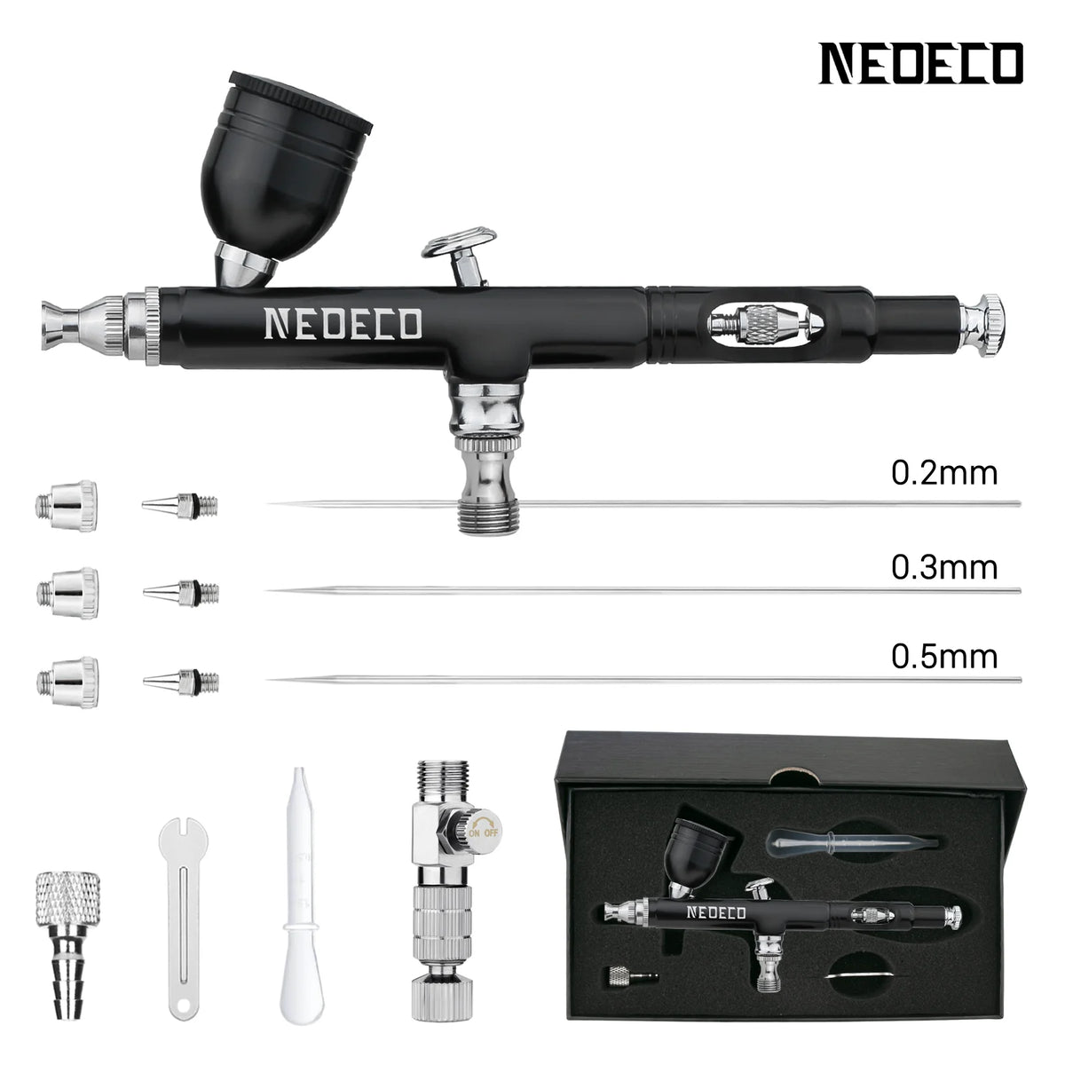 Neoeco Dual-Action Gravity Feed Airbrush Gun Kit, 3 Nozzle Sets, Aluminum