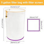 5 Gallon Reusable Filter Bag with Screen, Top Opening, Hydroponics Gardening, 25-220 Micron