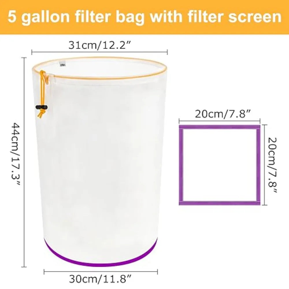 5 Gallon Reusable Filter Bag with Screen, Top Opening, Hydroponics Gardening, 25-220 Micron