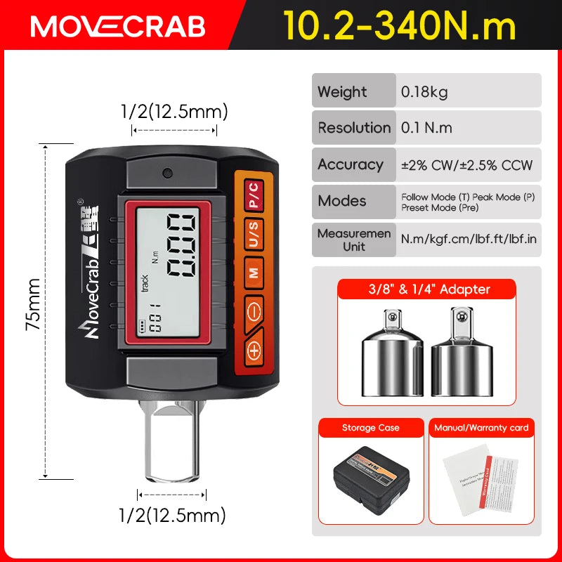 MoveCrab Digital Torque Adapter 1/2"Drive Include Adapters for 3/8" and 1/4" Electronic Torque Wrench Bike Set Car Repair Bike
