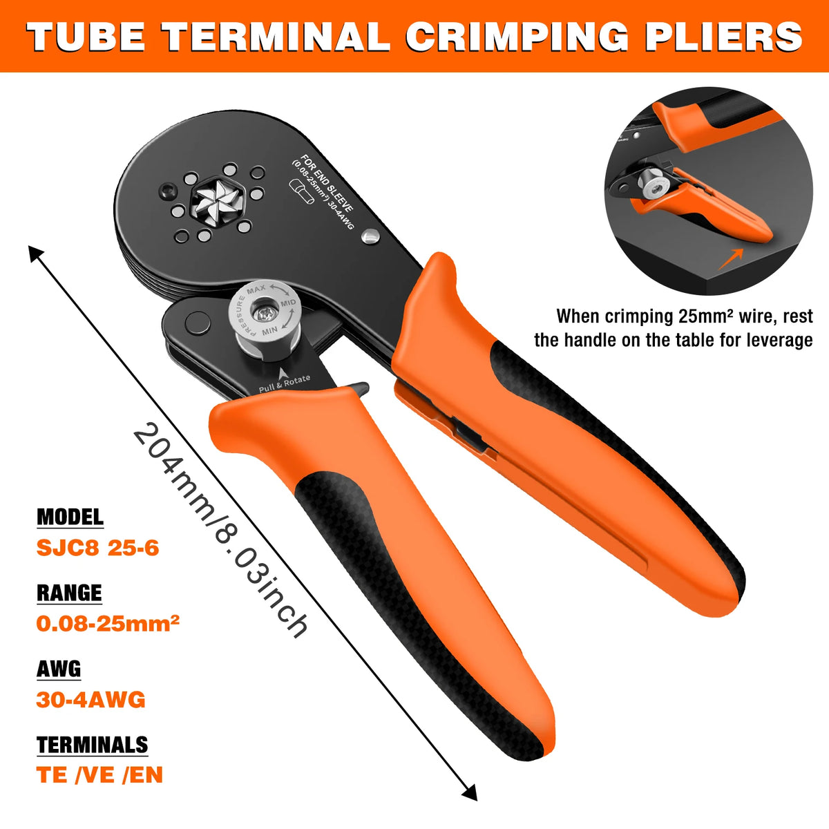SJC8 25-6 Hexagonal Ratchet Crimper for End Sleeves and Ferrules 0.08-25mm²  Wire Ferrule Crimping Tool Hand Crmper Plier