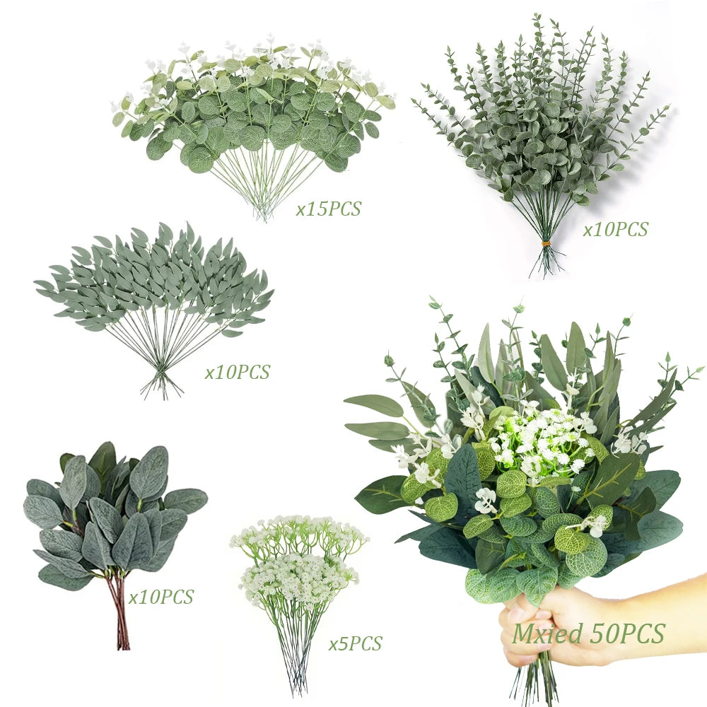 Artificial Eucalyptus Leaf Stems Bundle 50-90pcs Mixed Willow & Silver Eucalyptus for DIY Decor