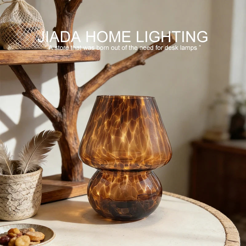 Glass Mushroom Table Lamp, Coffee Color Lampshade, Bedside Bedroom Decor Light
