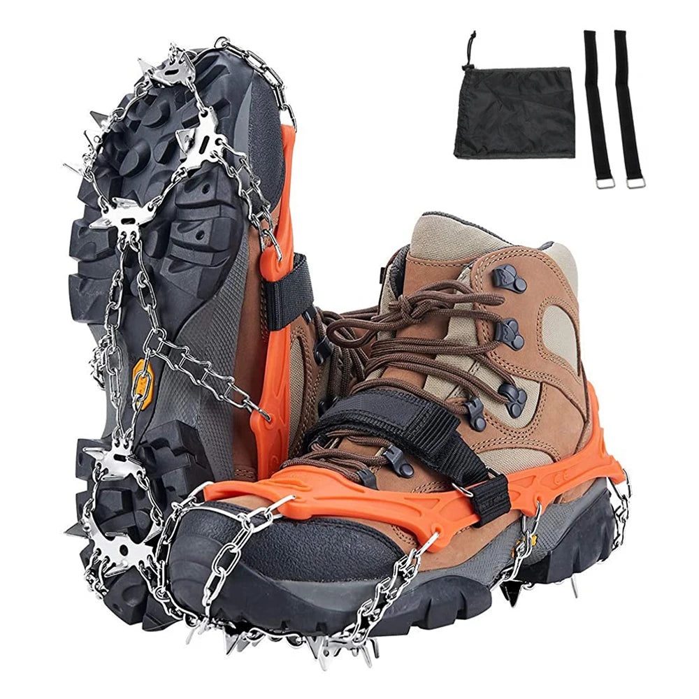 19-Spike Ice Cleats Shoe Traction Crampons Anti-Slip Snow Grippers Black/Orange S-XL