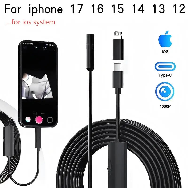 iOS Endoscope Inspection Camera 960P HD Borescope, Hard/Soft Cable 1m-10m
