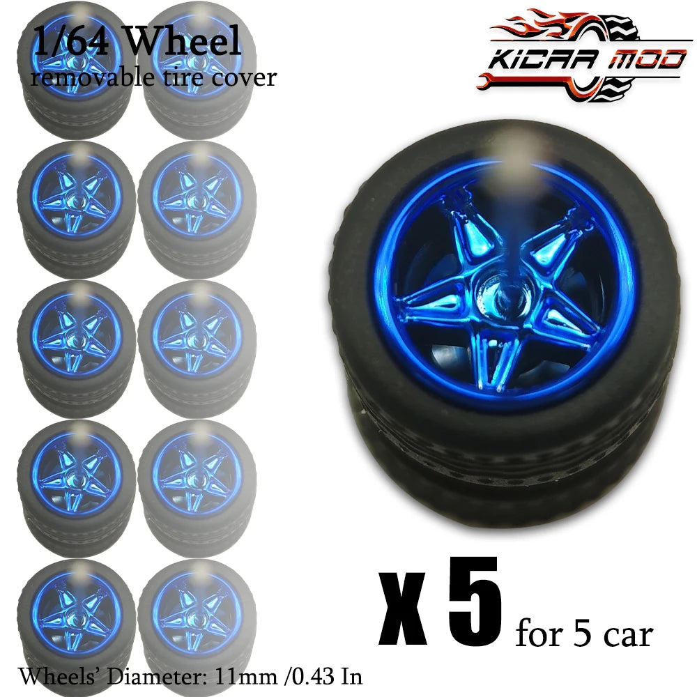 1/64 Wheels with Detachable Rubber Tires Electroplated Color for Toy Model Diecast Cars Refiting Parts for Hotwheels (5 sets)