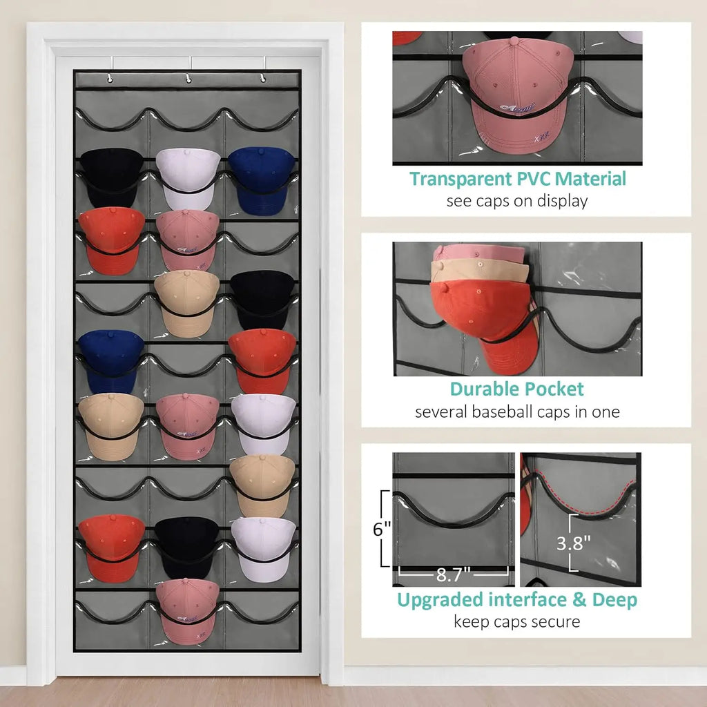 Hat Storage Holder Organizer 27 Clear Pockets Protect Hat Rack Door Hanging Holder Hanger Storage Rack for Baseball Caps Bedroom