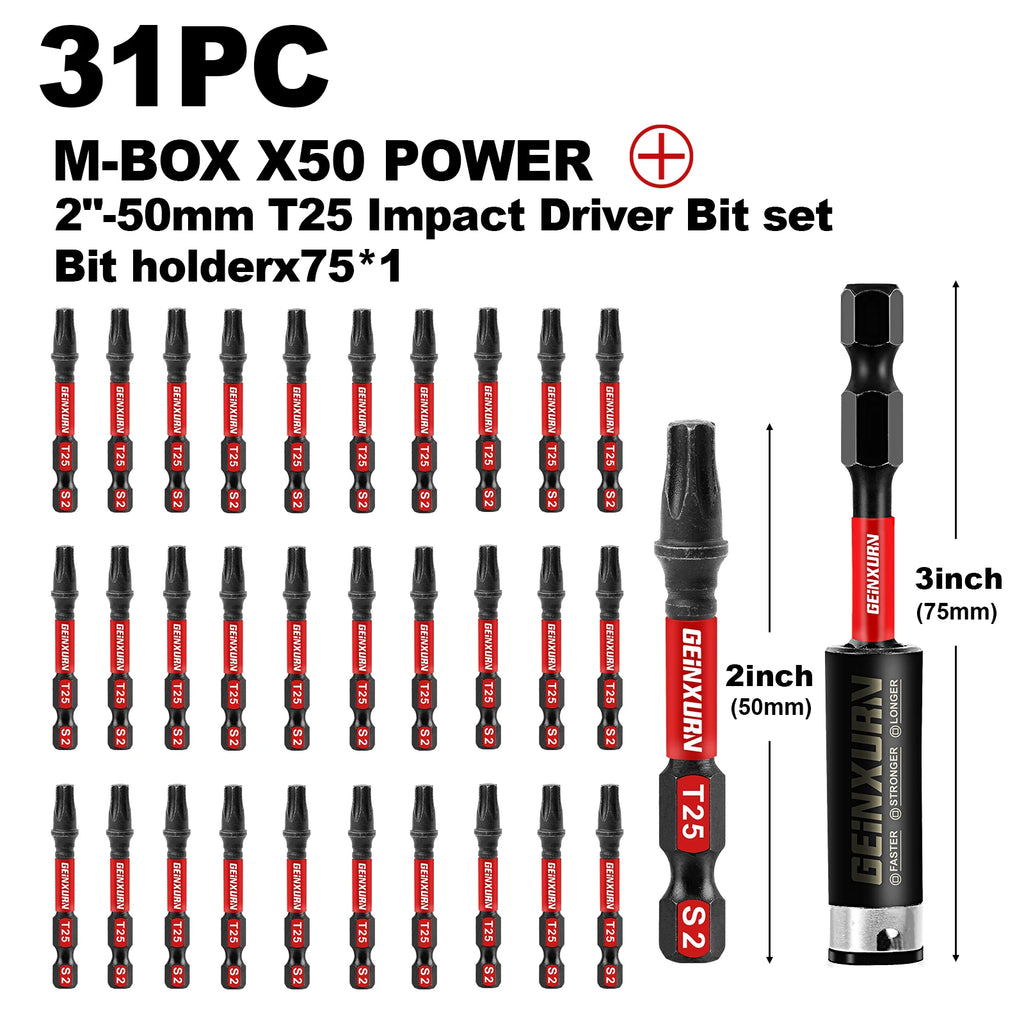Geinxurn T25 Impact Tough Magnetic Screwdriver Bit Set, #25 Torx Head Power Bits, S2 Alloy Steel Star Bits with Storage M-Box