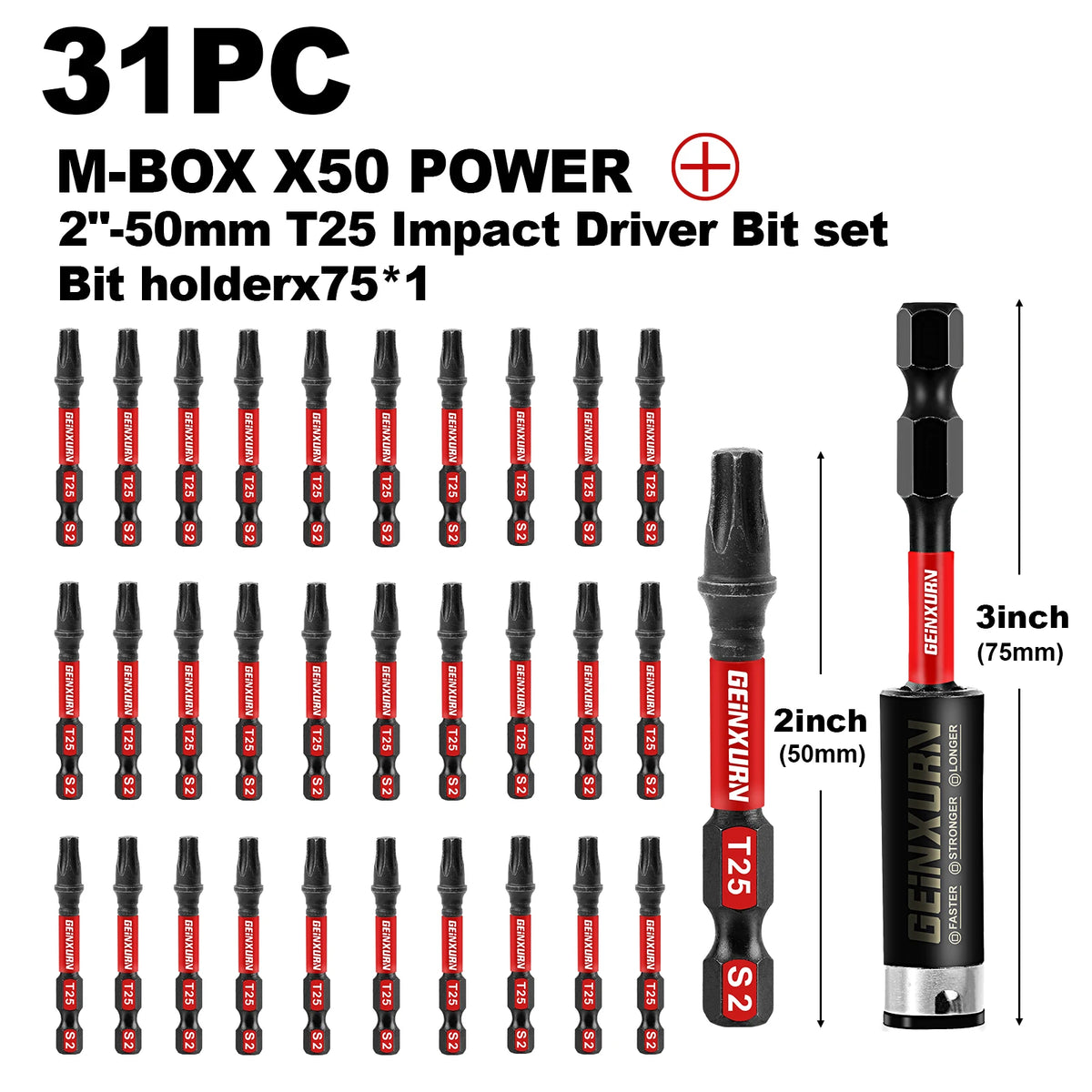 Geinxurn T25 Impact Tough Magnetic Screwdriver Bit Set, #25 Torx Head Power Bits, S2 Alloy Steel Star Bits with Storage M-Box