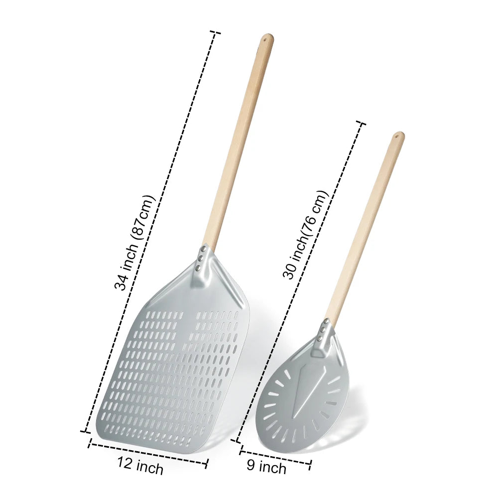 SHANGPEIXUAN Perforated Pizza Peel with Turning Pizza Peel Wood Handle Pizza Shovel Anodized Short Spatulas Baking Tools