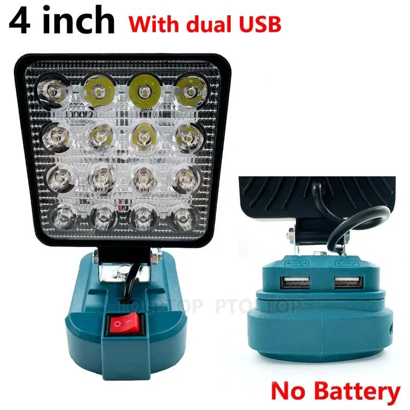 LED work light for Makita 14.4V/18V Li-ion battery, 3in/4in, USB option, black/blue