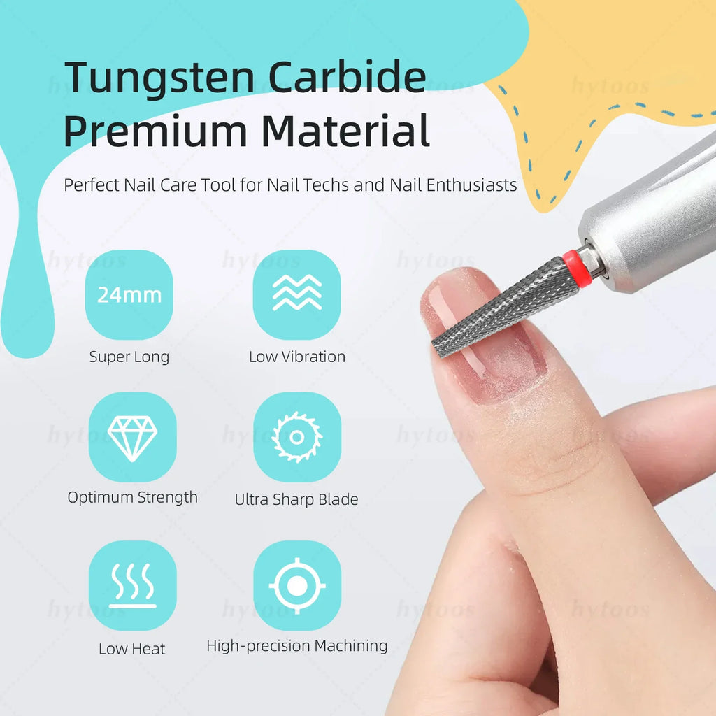 HYTOOS Flat Top 5 in 1 Nail Drill Bit 24mm Long Carbide Tapered Nail Bits Electric Drill Accessories Gel Polish Removal Tool