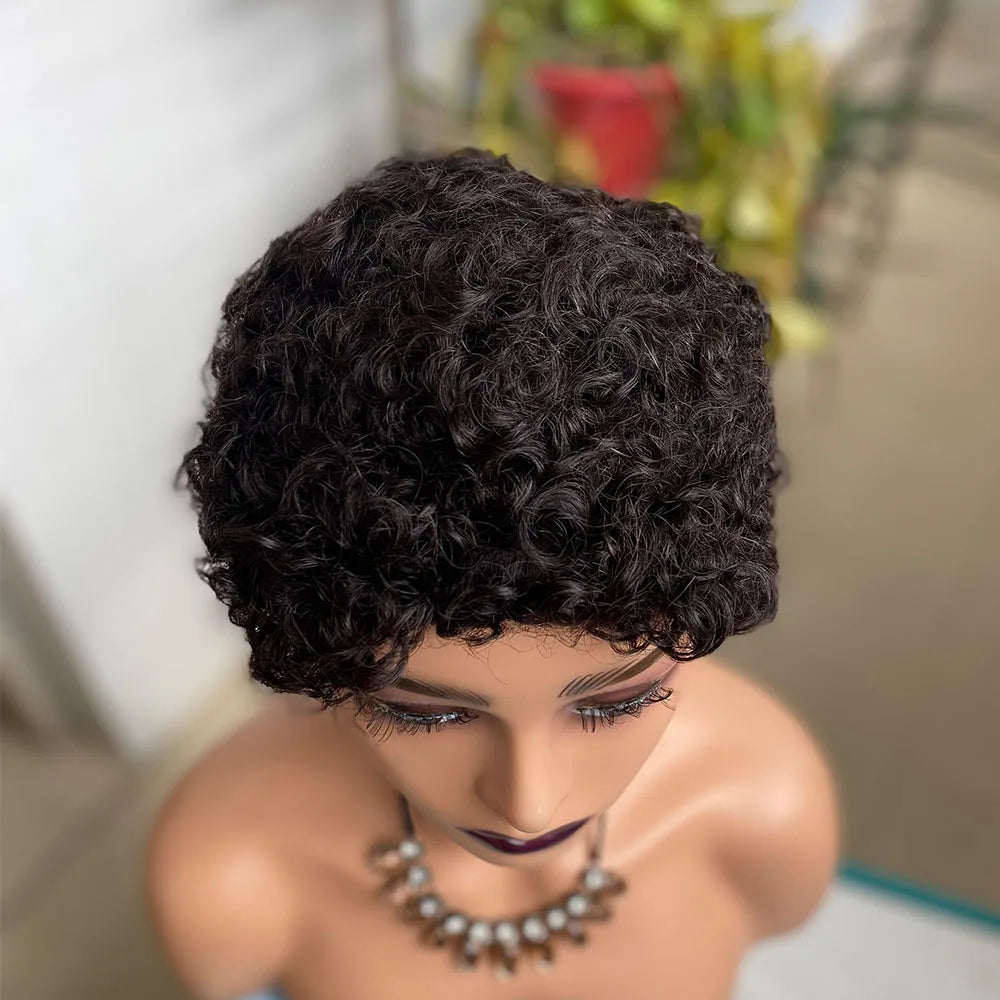 Short Pixie Cut Curly Wigs Human Hair Brazilian Human Hair Machine Wigs For Black Women Natural Black Curly Human Hair Wigs