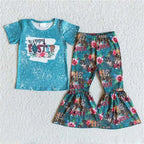 Wholesale No Moq Mama Baby Girl Clothes Short Sleeve Shirt Leopard Bell Bottom Pants Outfits Toddler Children Mother's Day Set