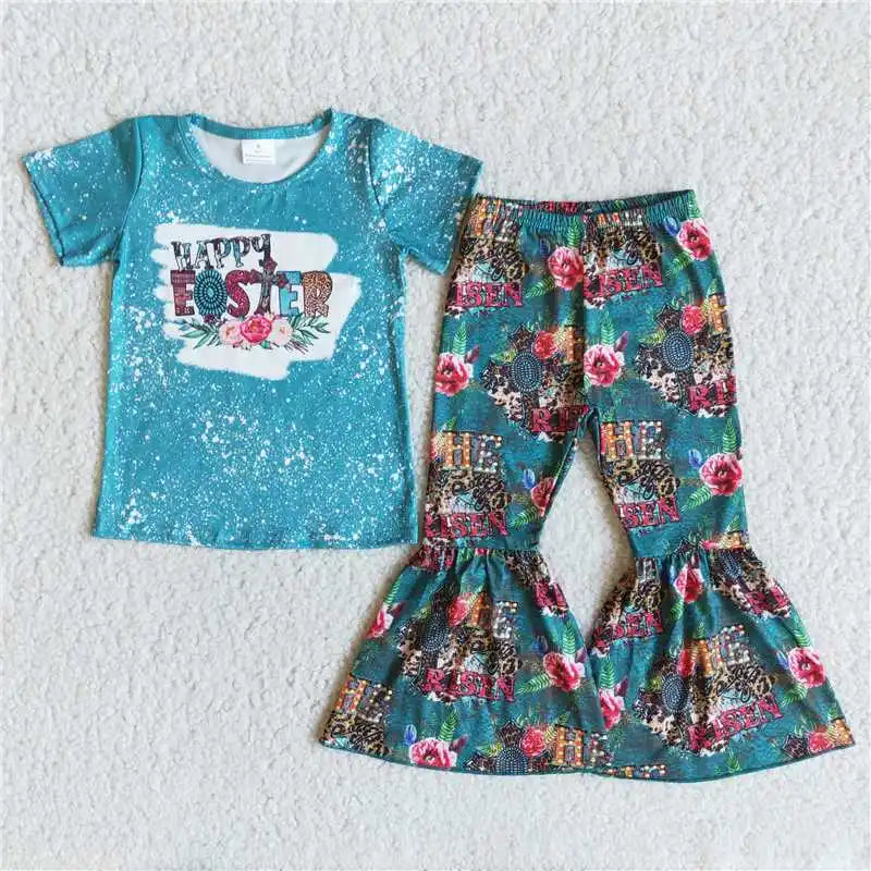 Wholesale No Moq Mama Baby Girl Clothes Short Sleeve Shirt Leopard Bell Bottom Pants Outfits Toddler Children Mother's Day Set