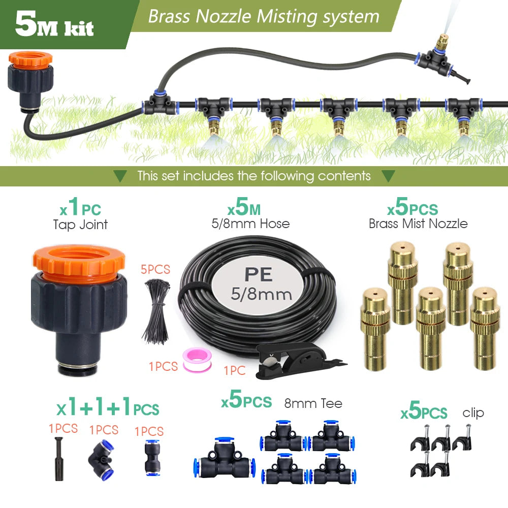 30-5M Outdoor Garden Adjustable Brass Nozzle Atomizer Kit 5/8mm Hose Nebulization Humidification Cool Watering System Lawn Spray
