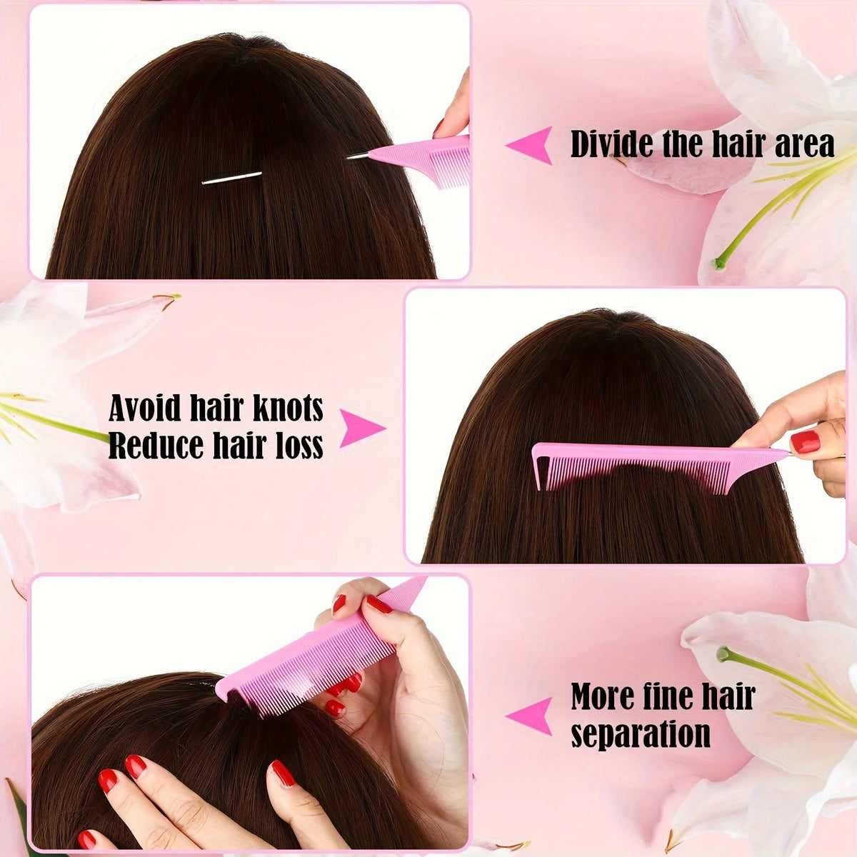 Pointed Tail Rat Tail Comb Set 30pcs, Heat-Resistant Plastic Teeth, Metal Handle, Pink