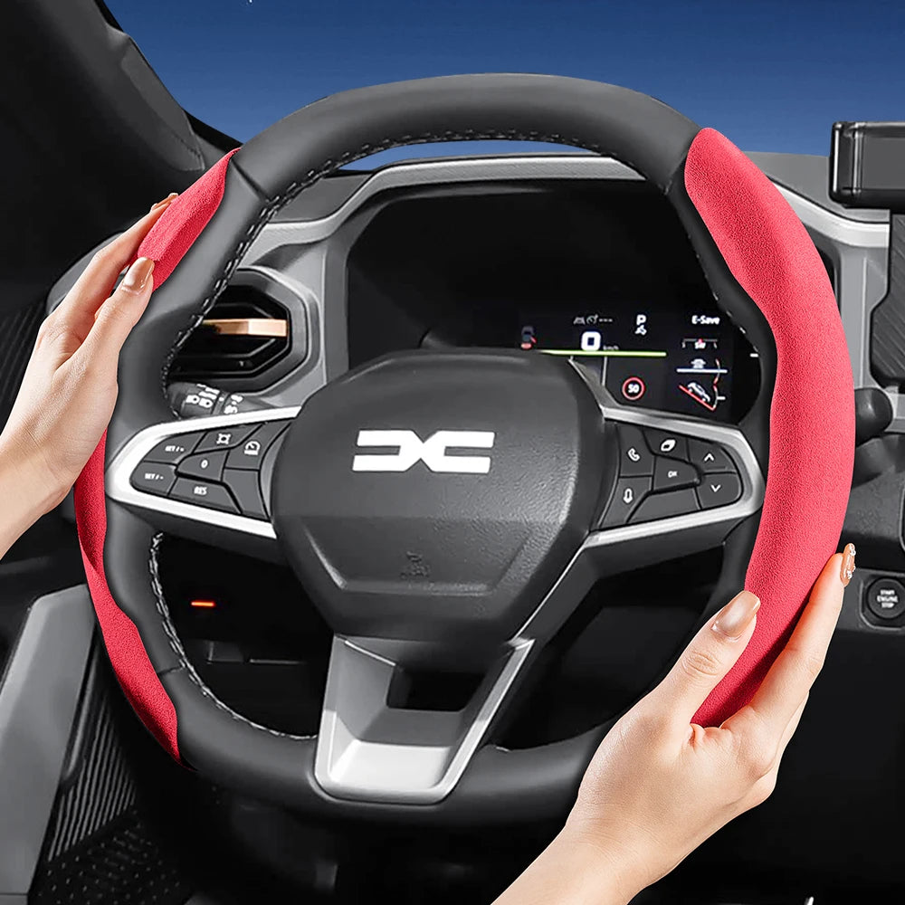 Suitable for Dacia Sports Suede Steering Wheel Cover, Split Snap-On Anti-Slip Style, for Models Such as Sandero Stepway, Duster, Jogger, Bigster, Spring, Electric, Cargo, Logan, Etc., in Black, Brown, Mocha, and Red Co