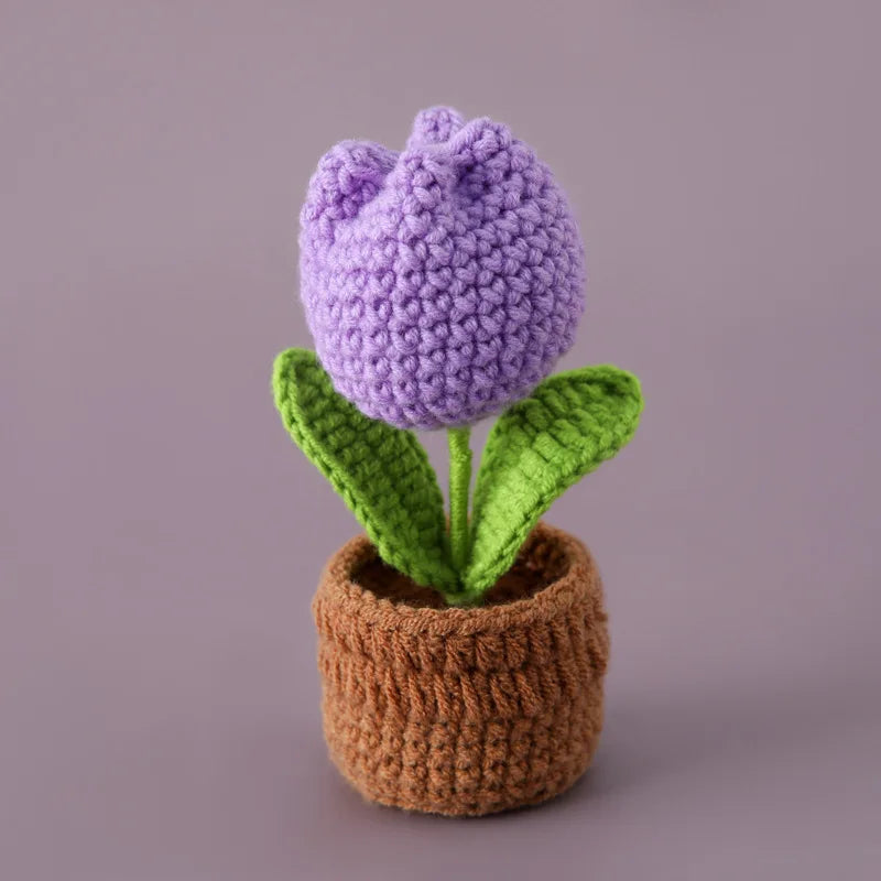 Mini Tulips Crochet Flowers Potted Cute Knitting Flowers Table Car Decor Handmade Artificial Tulips Flores Tejidas