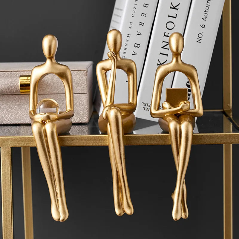 Gold Thinker Statue Bookshelf Sculpture Figurine, Holding Book Style, Modern Desk Decor