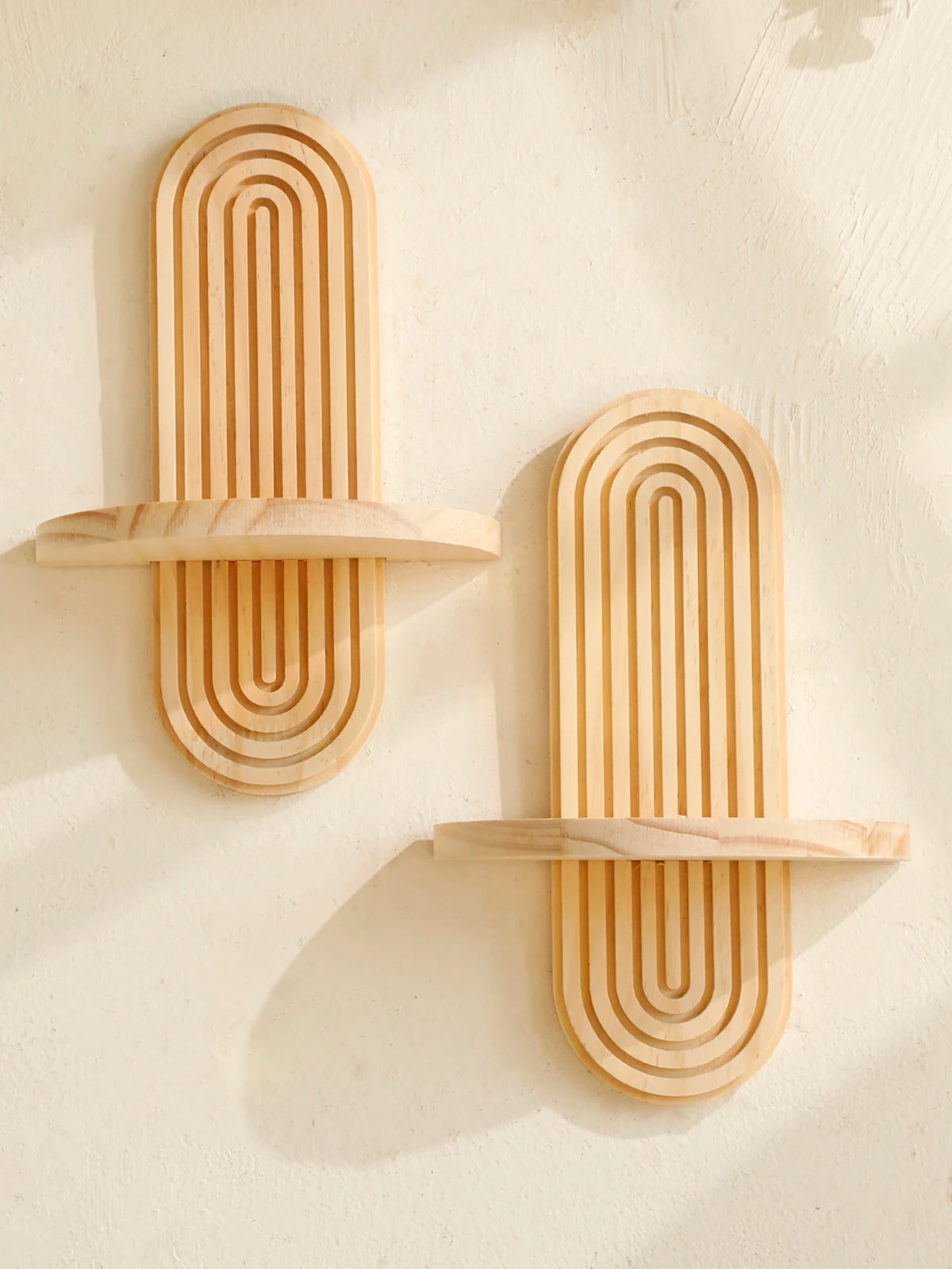 Wooden geometric wall mounted shelf, natural wood finish, boho decor, 1pc