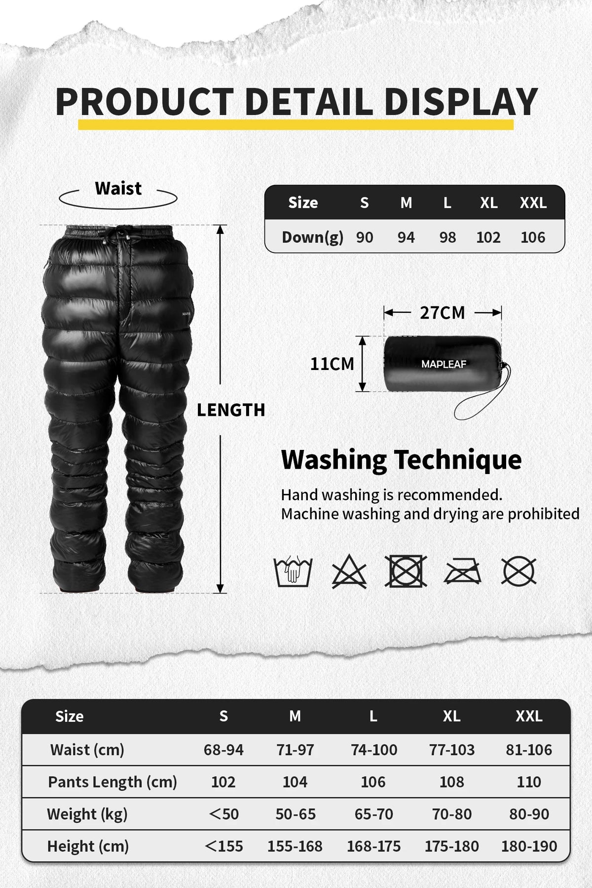 MAPLEAF Down Pants Ultralight Warm Down Trousers 800FP Winter Snow Pants Windproof Waterproof Ski Pants Camping Hiking Trousers