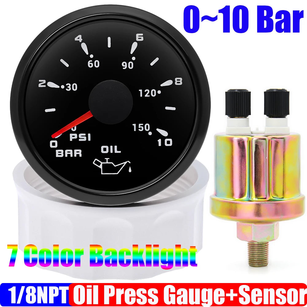 Custom Auto Car 52mm Oil Pressure Gauge+Sensor 7 Color Backlight 0~5Bar 0-10Bar Oil Press Meter with Sensor Marine Boat 12V24V