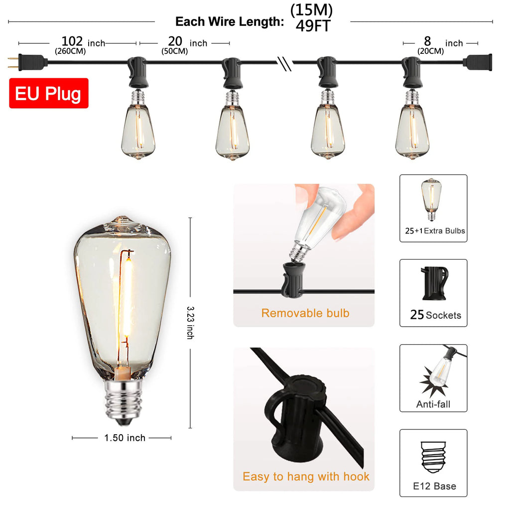 ST38 LED Outdoor String Lights Connectable IP65 Waterproof Shatterproof Plastic Bulbs