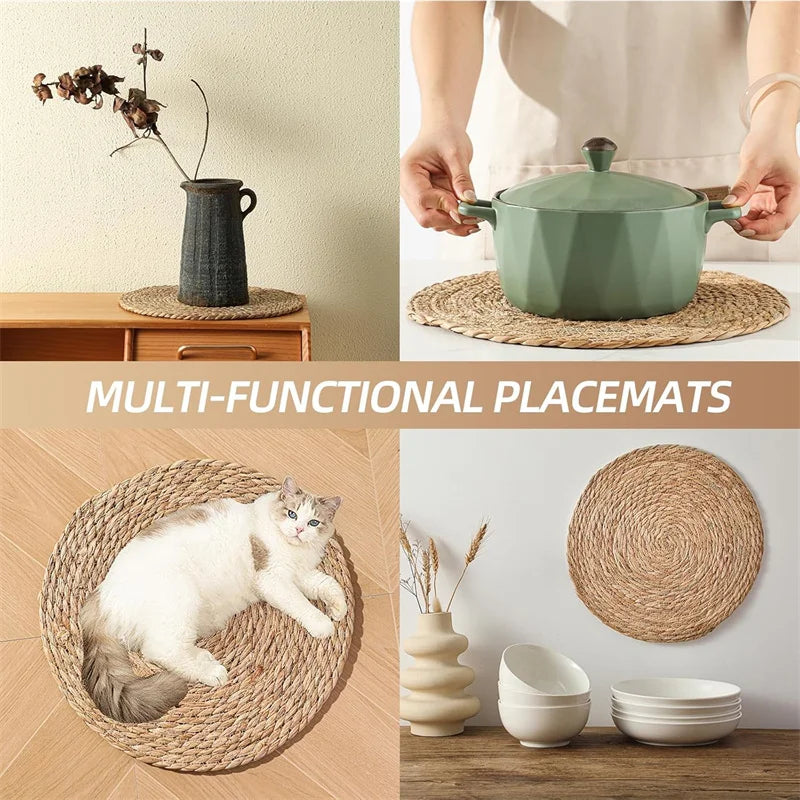 4/8/12pcs Round Woven Placemats Set Boho Rattan Placemat Natural Placemats 12Inch Farmhouse Weave Straw Braided Table Dinner Mat