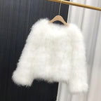 Ostrich Feather Coat for Women 100% Natural Fur Coats O Neck Long Sleeve Ladies Nightclub Turkey Jackets Winter Fashion