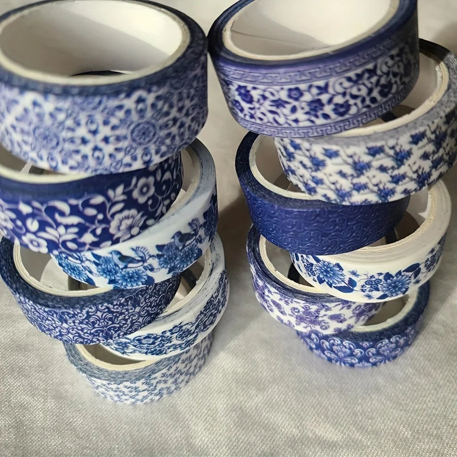 Blue & White Washi Tape Set; Pretty Chinoiserie Designs; 12 Rolls! Decorative Tape; Journaling, Scrapbooking
