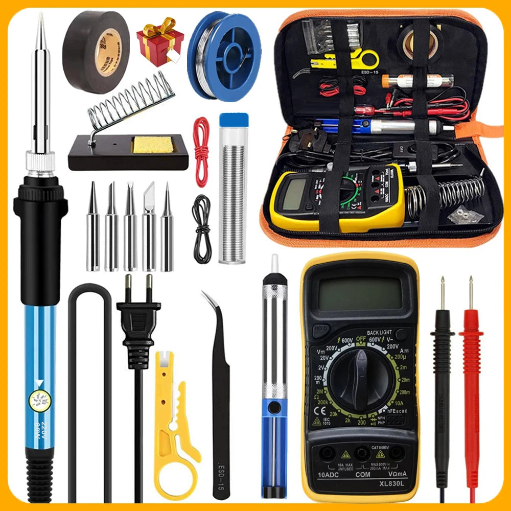 60W Soldering Iron Kit with LCD Digital Multimeter, EU/US Plug Options (908-02/908-06)