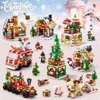 DIY 8in1 Lights Christmas Elk Deer Santa Claus Train Architecture Store Street View Xmas Tree Snow House Building Block Kit Toy