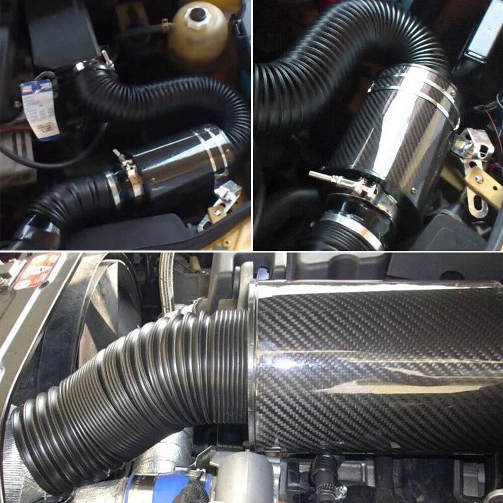 Universal Carbon Fiber Cold Air Intake Kit Enclosed Filter Box Induction Pipe Hose, Black