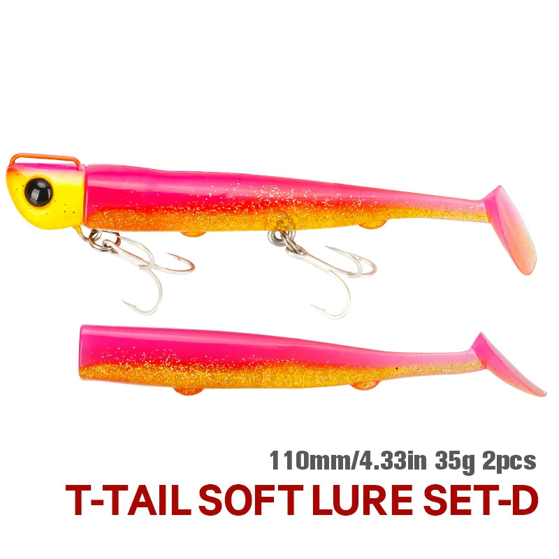 TSURINOYA T-Tail Soft Fishing Lure Set with Jig Head 110mm 35g 2pcs Saltwater