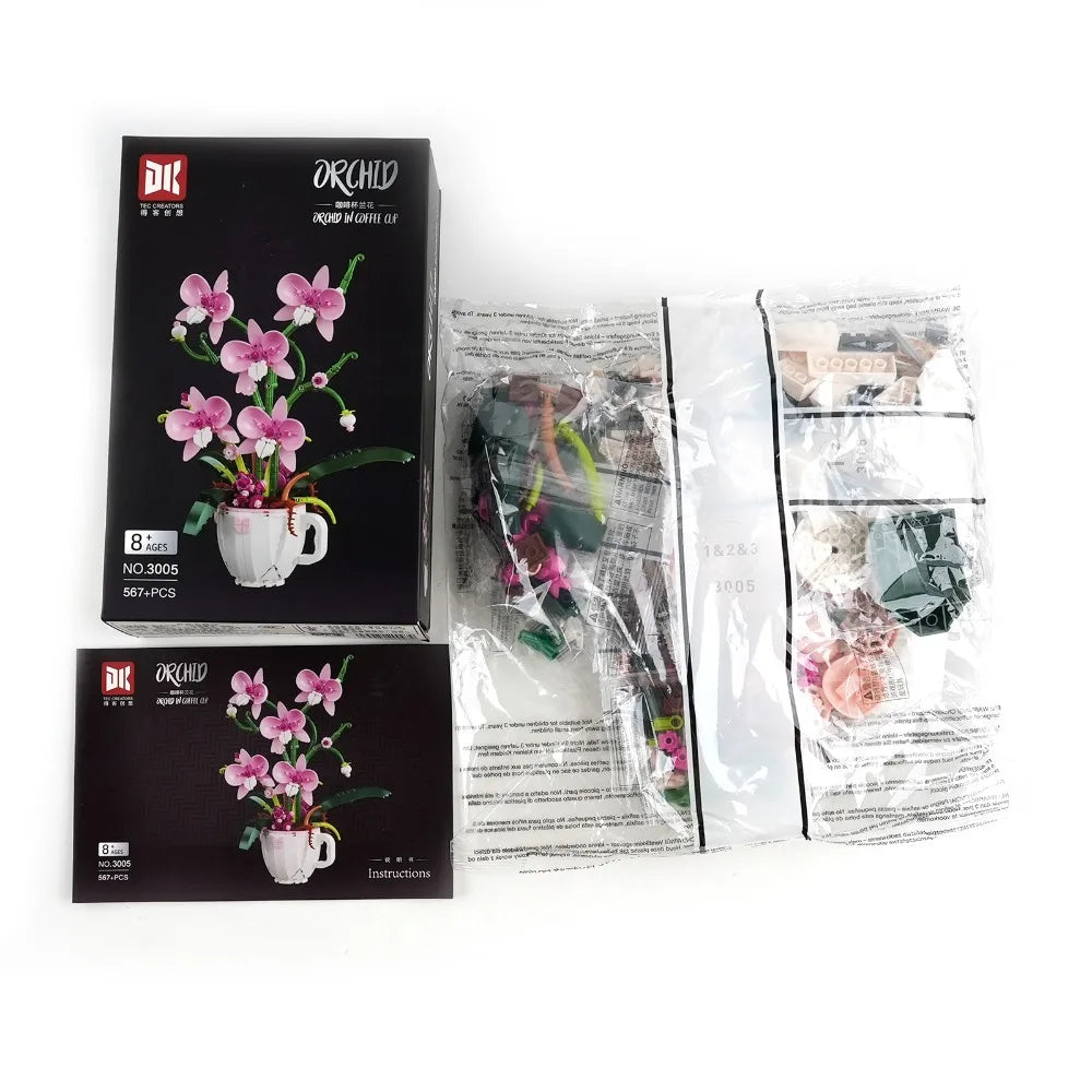 MOC Pink Orchid Flower Bouquet Building Blocks Kit DIY Bonsai Plant Model Romantic Home Decor Creative Gift for Adults Teens