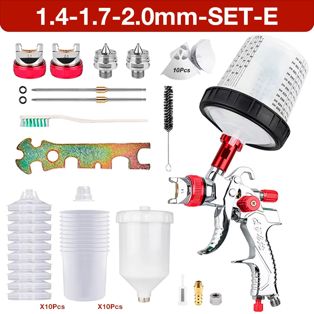1.4mm 1.7mm 2.0mm Professional HVLP Spray Gun Home Automatic Paint Spray Gun Tool, 600ml No Clean Disposable Measuring Cup 10pcs