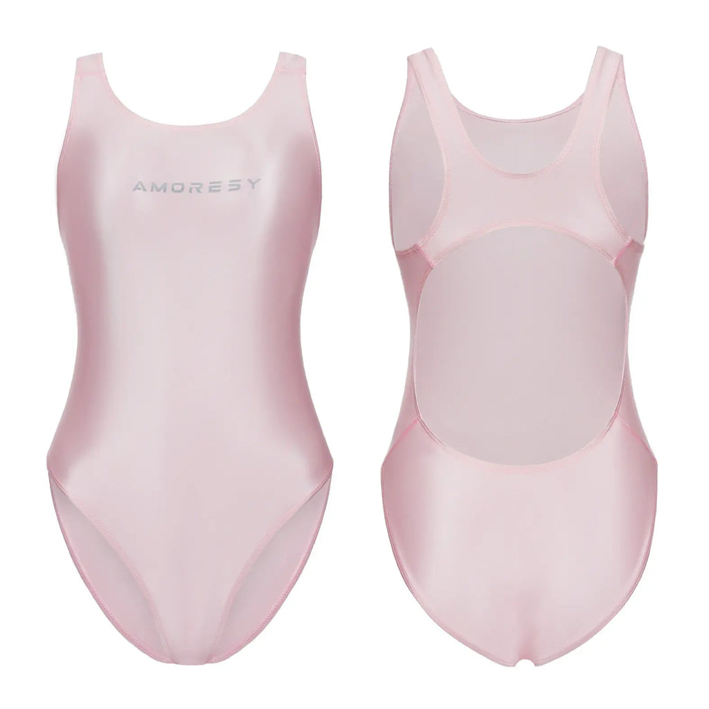 AMORESY Women's Satin Sheer One Piece Swimsuit High Cut Backless Bathing Suit Fitness Yoga Tights Swimwear Beach Diving Leotards