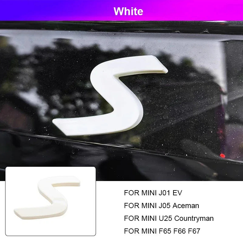 3D ABS S Emblem Letters Car Trunk Badge Decal Stickers for Mini Countryman U25 F65 F66 F67 Cooper S E SE J01 EV J05 Aceman