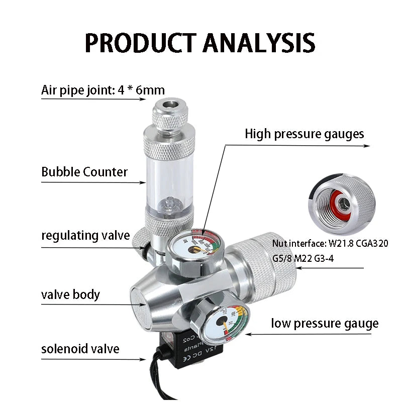 Aquarium CO2 regulator Dual meter solenoid valve Bubble meter  CO2 steel cylinder Reaction system CO2 pressure reducing valve